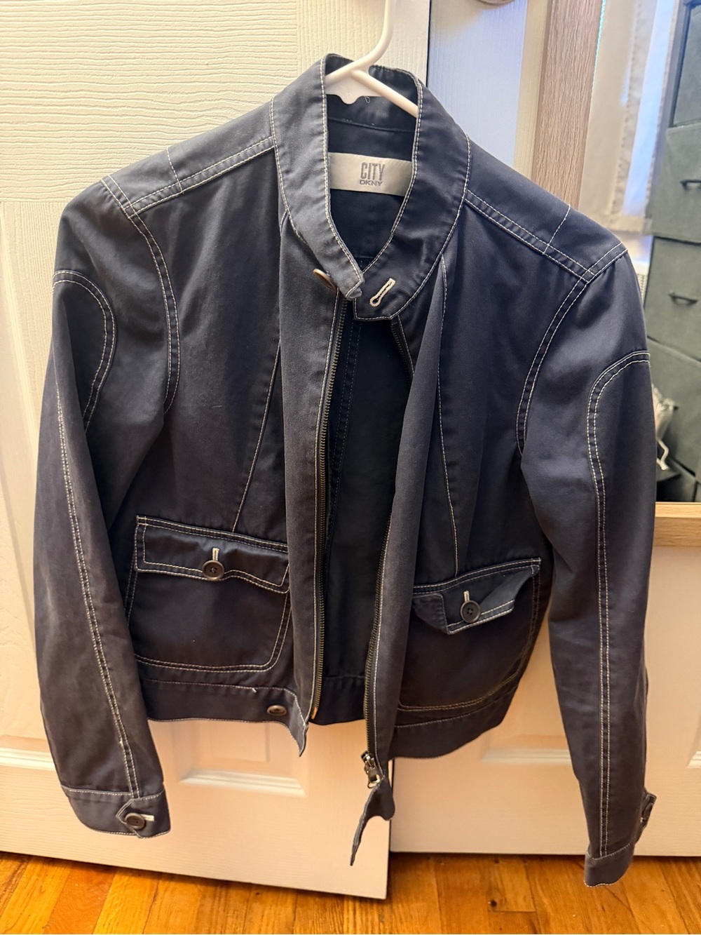 Dkny Dark Navy Utility Bomber Jacket with Contrast Stitching